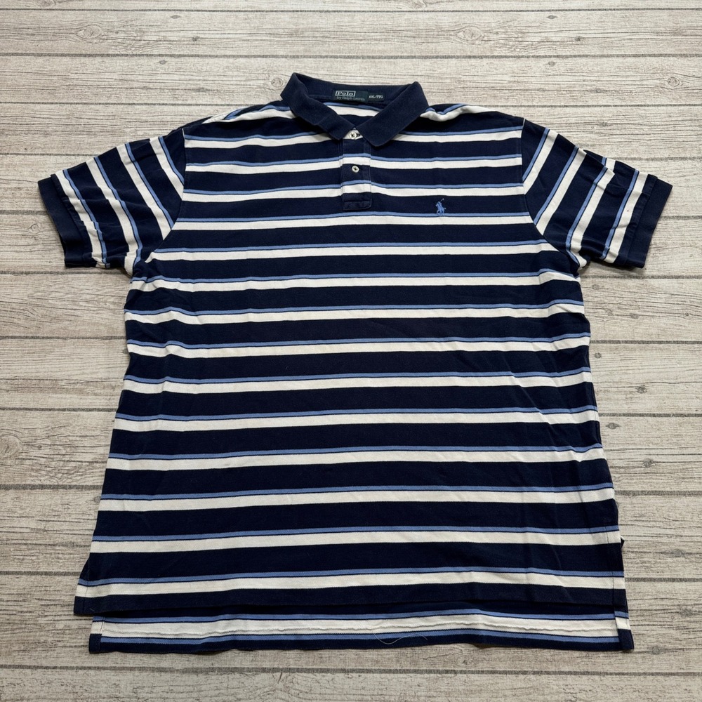 Polo Ralph Lauren Polo Shirt Men's 2XL Blue White Striped Short Sleeve Athletic